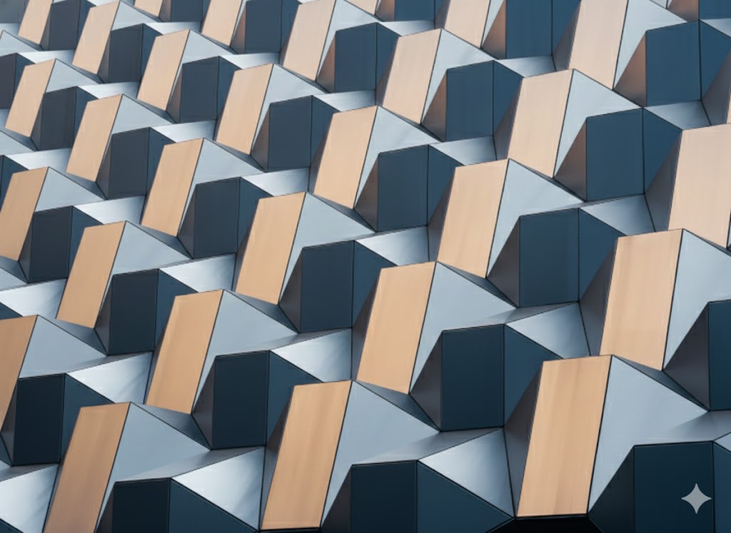 Abstract architectural pattern of navy and sand-coloured geometric panels